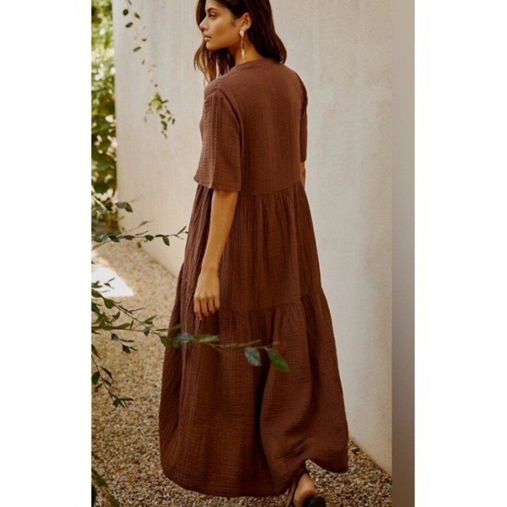 By Anthropologie Brown Cotton Gauze Tiered V-Neck Midi Dress Small fall boho